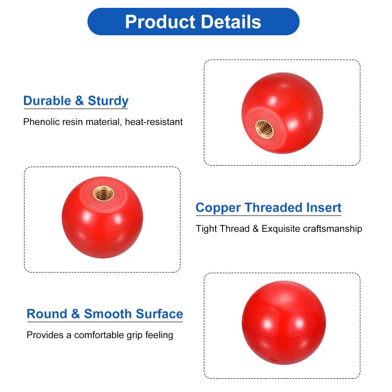 uxcell 4Pcs Threaded Ball Knobs, M5 Female Thread Thermoset Ball Knob 25mm Dia Round Operation Ball Handles with Copper Insert for Machine Lever Handle, Red - Image 4